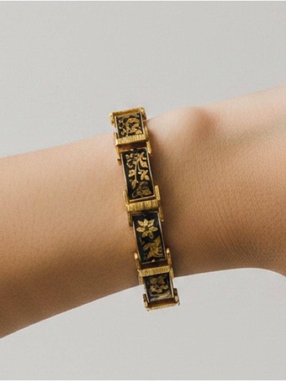 Vintage Spanish Toledo Damascene Gold & Black Bird & Floral Link Bracelet